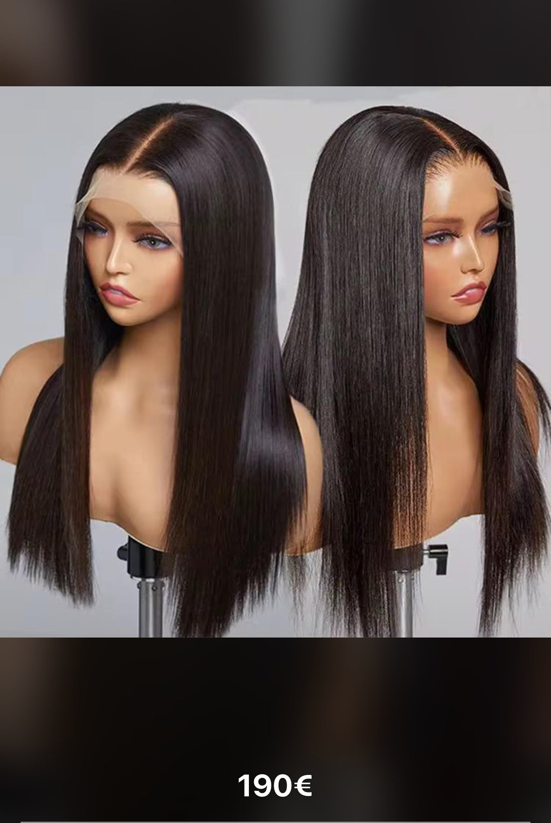 Perruque lisse Sonia Luxe Hair - Raffinement, avec des cheveux lisses brillants et une couleur noire profonde, sur deux mannequins. Produit haut de gamme pour un style élégant et naturel.