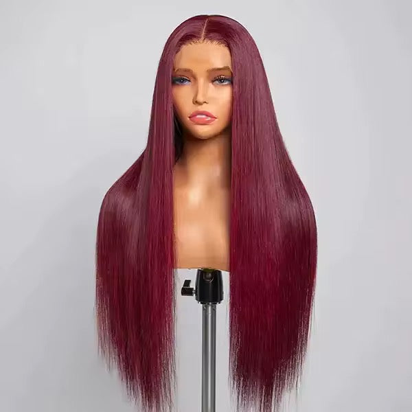 Perruque lisse cheveux colorés - Passion, avec une couleur rouge profond et des cheveux lisses brillants, sur un mannequin. Produit premium pour un style audacieux et moderne.